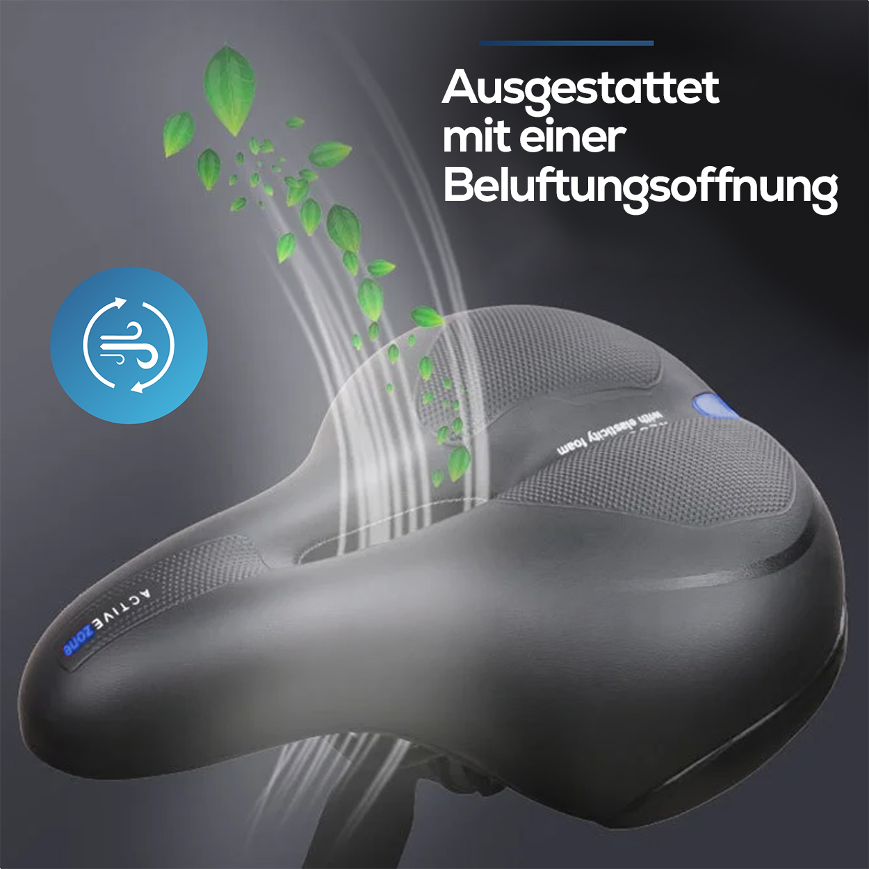 Schwarzer Fahrradsattel mit Belüftung. Grüne Blätter und Luftstromgrafik. Text auf Deutsch. Schwarzer Hintergrund mit blauen Akzenten.
