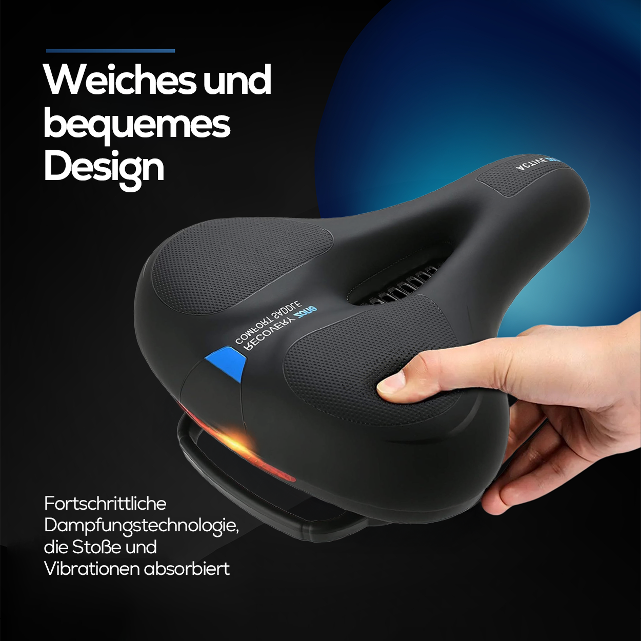 Hand hält einen schwarzen Fahrradsattel, Text: 'Weiches und bequemes Design' und rotes Licht.