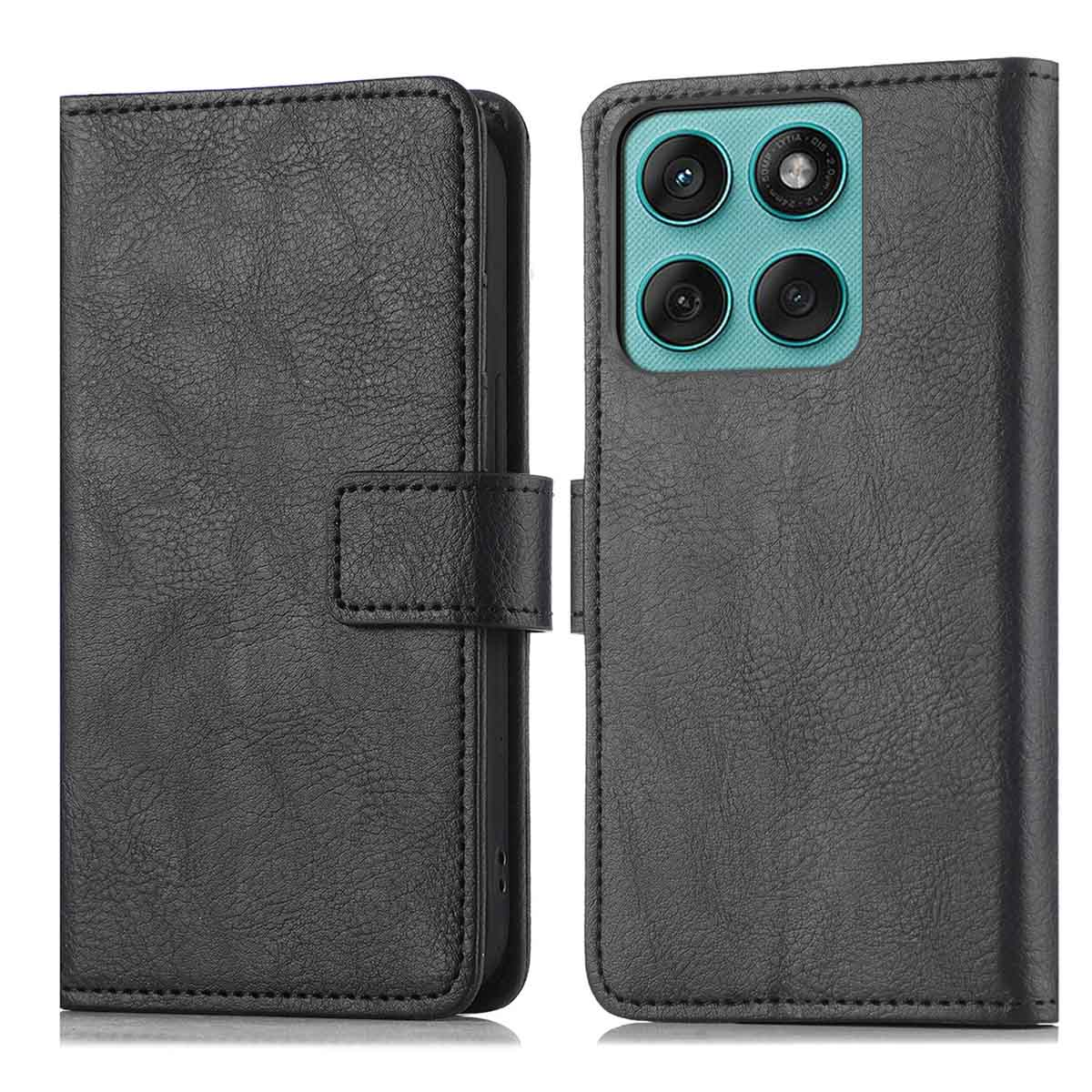Étui de téléphone en cuir noir. Fermé à gauche, ouvert à droite. Quatre lentilles de caméra visibles.