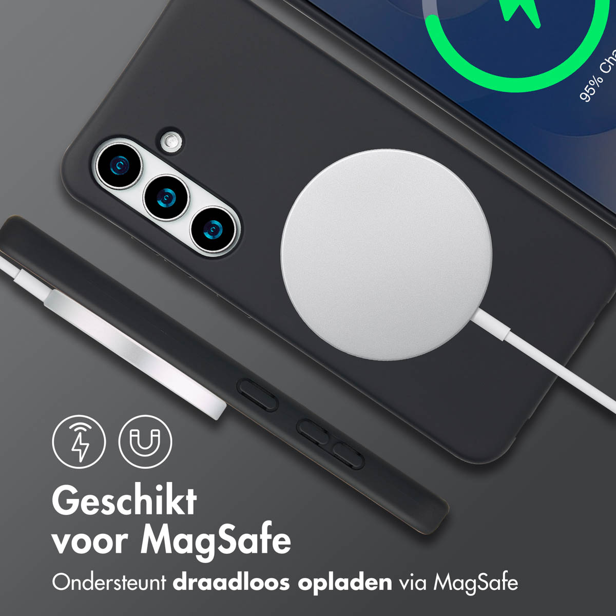 Een zwarte telefoonhoes met een MagSafe-oplader bevestigd. Tekst zegt: 'Geschikt voor MagSafe'.