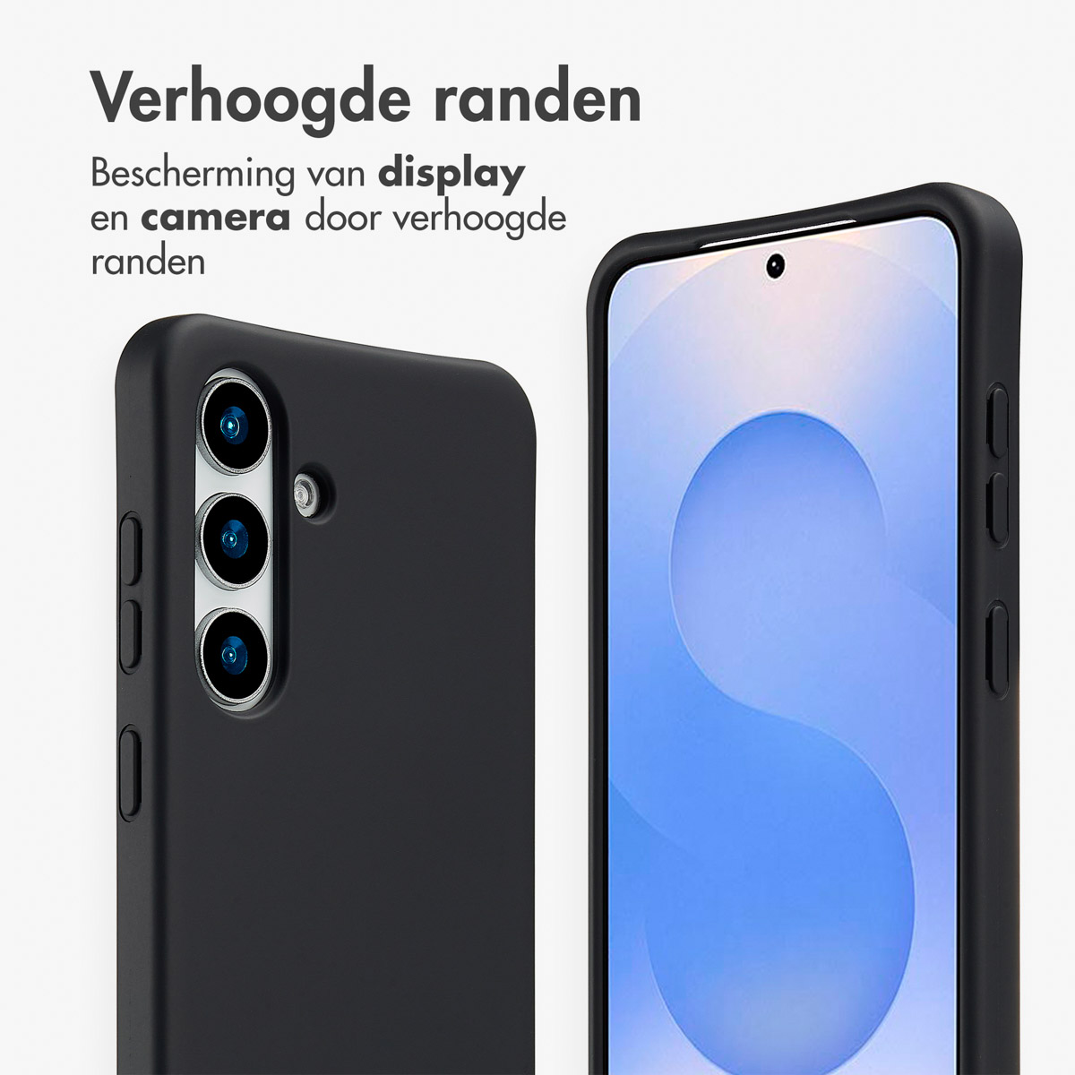 Twee telefoons met zwarte hoesjes. De hoesjes hebben verhoogde randen en beschermen het scherm.