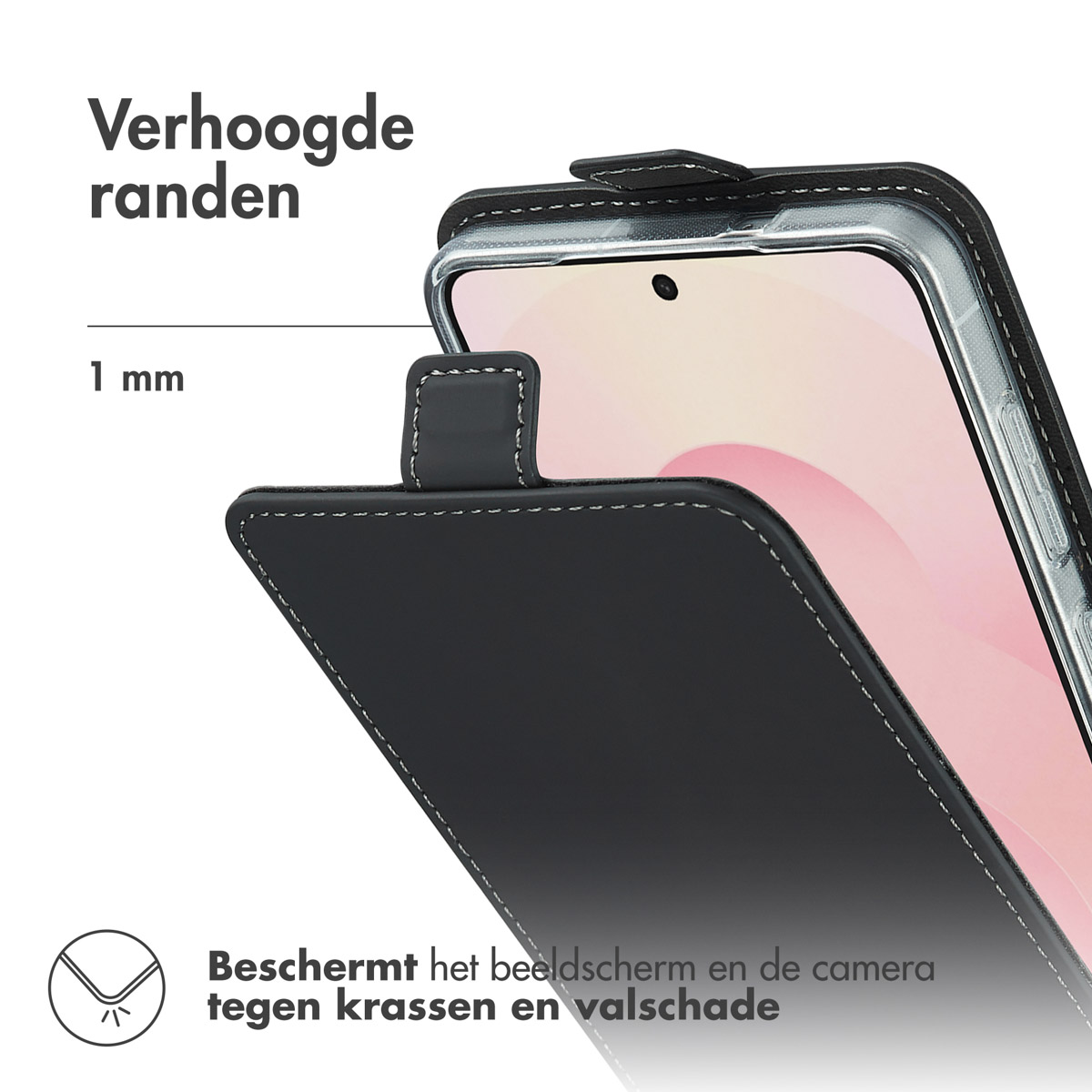 Close-up van een telefoonhoesje met verhoogde randen, die een telefoonscherm beschermen. Tekst in het Nederlands.