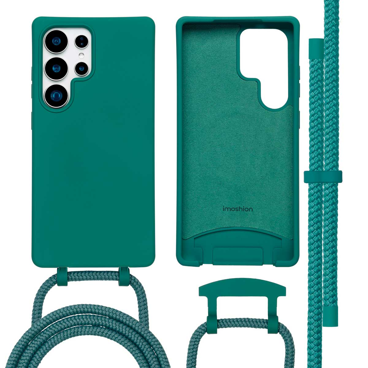 Groene telefoonhoes met koord en telefoon. Tekst in het Nederlands.