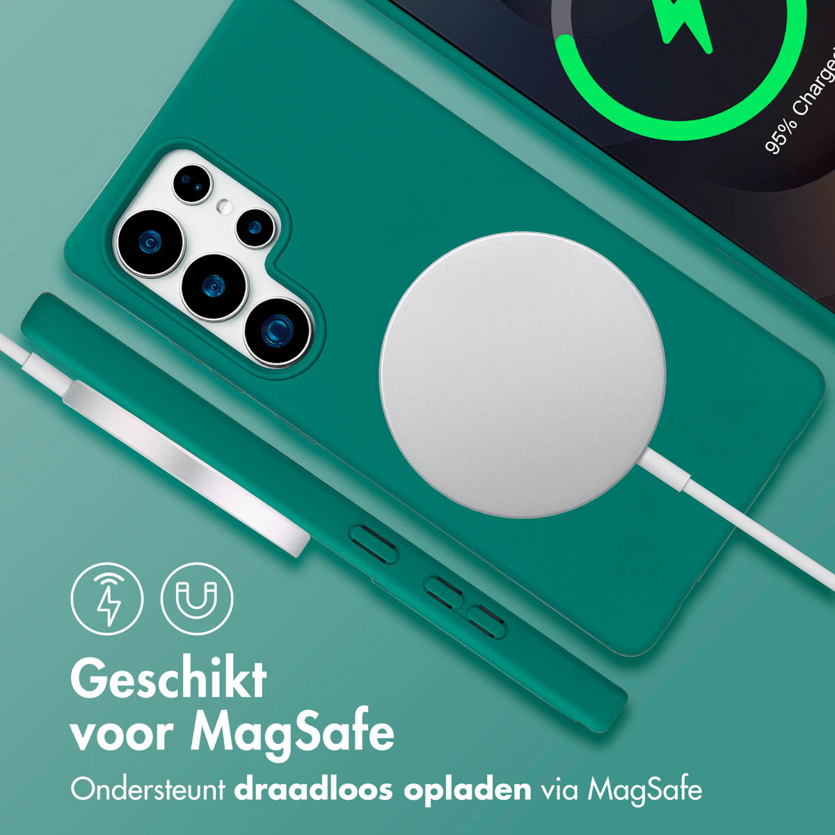 Groene telefoonhoes met oplader en MagSafe-logo. Telefoon toont 95% opgeladen.