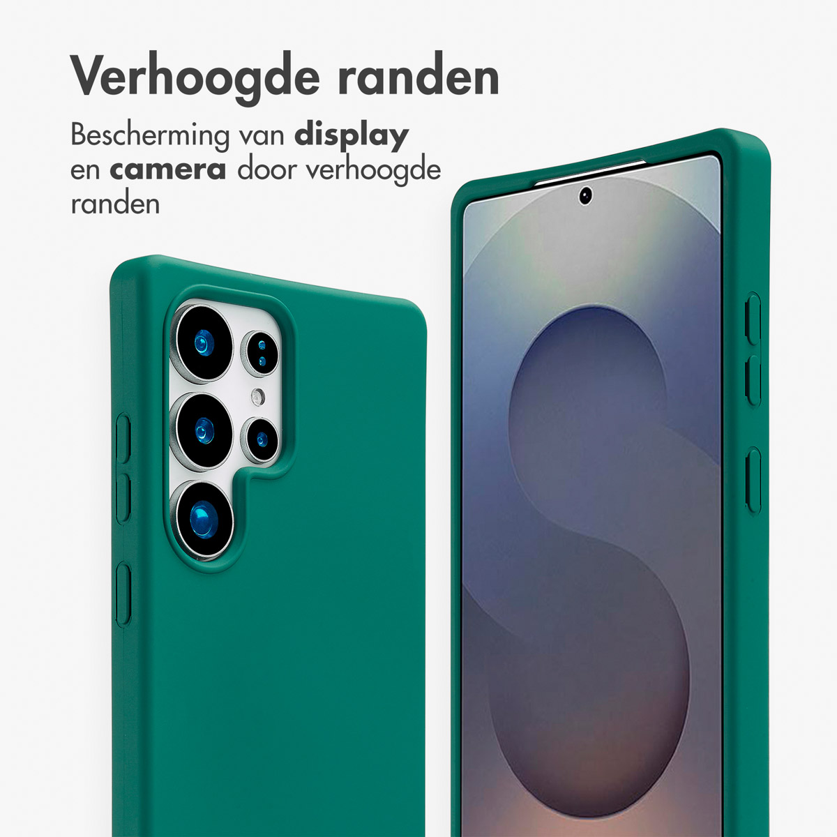 Close-up van een groene telefoonhoes die een telefoon beschermt. Tekst in het Nederlands.