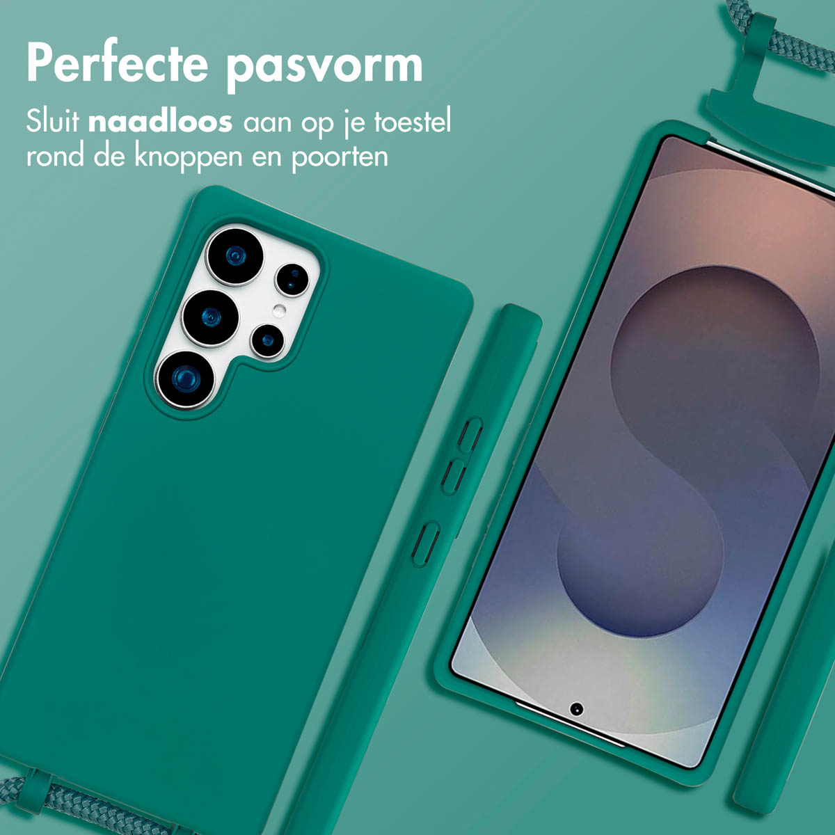 Groene telefoonhoes die een telefoon beschermt. Tekst in het Nederlands.