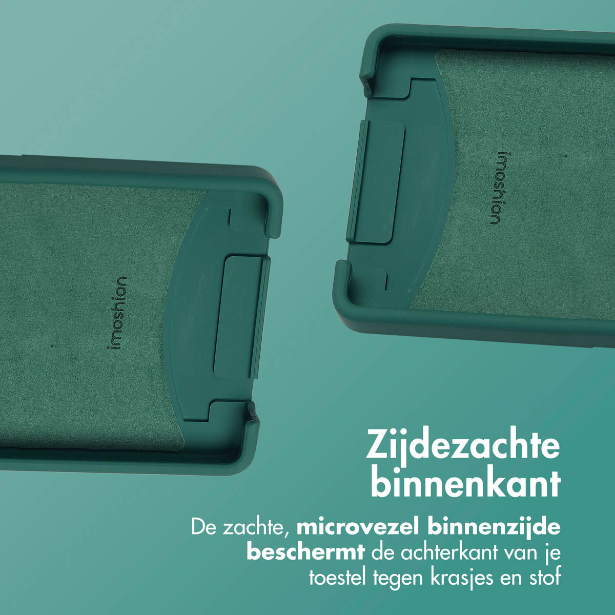 Twee groene telefoonhoeshelften. De binnenkant toont zacht materiaal.