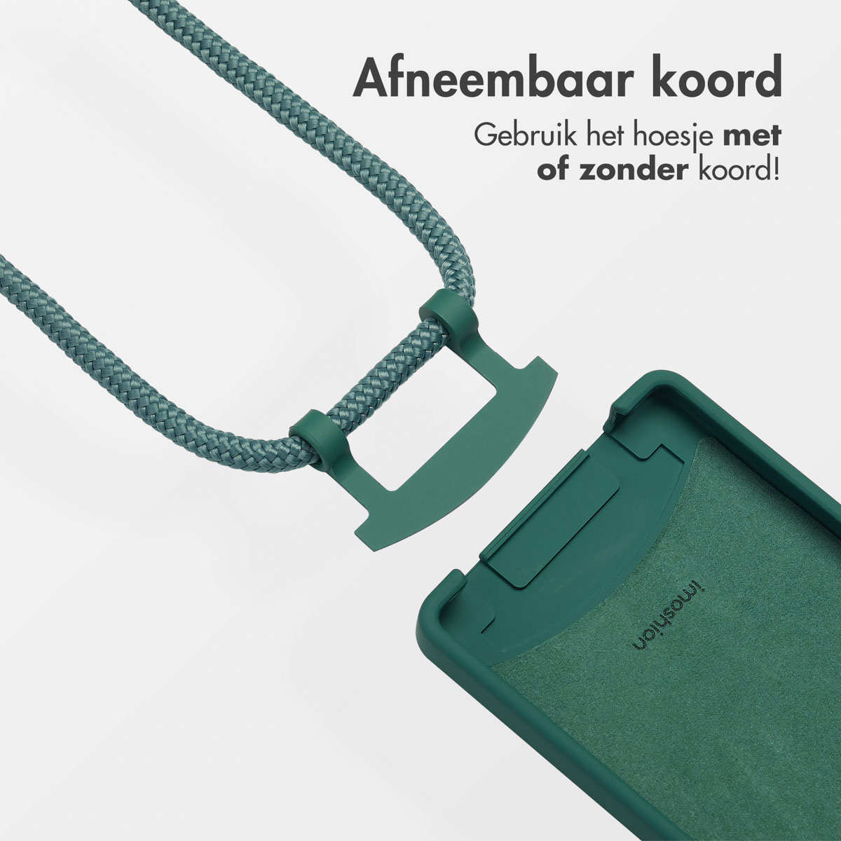 Groene telefoonhoes met afneembaar koord. Tekst in het Nederlands.