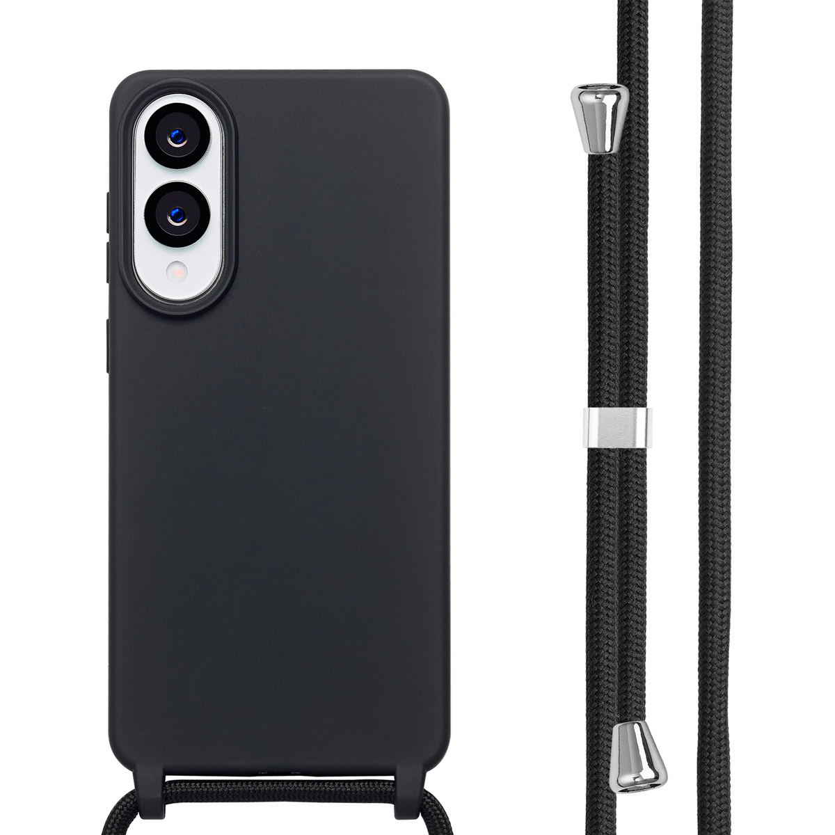 Coque de téléphone noire avec cordon attaché. La coque possède des objectifs doubles.
