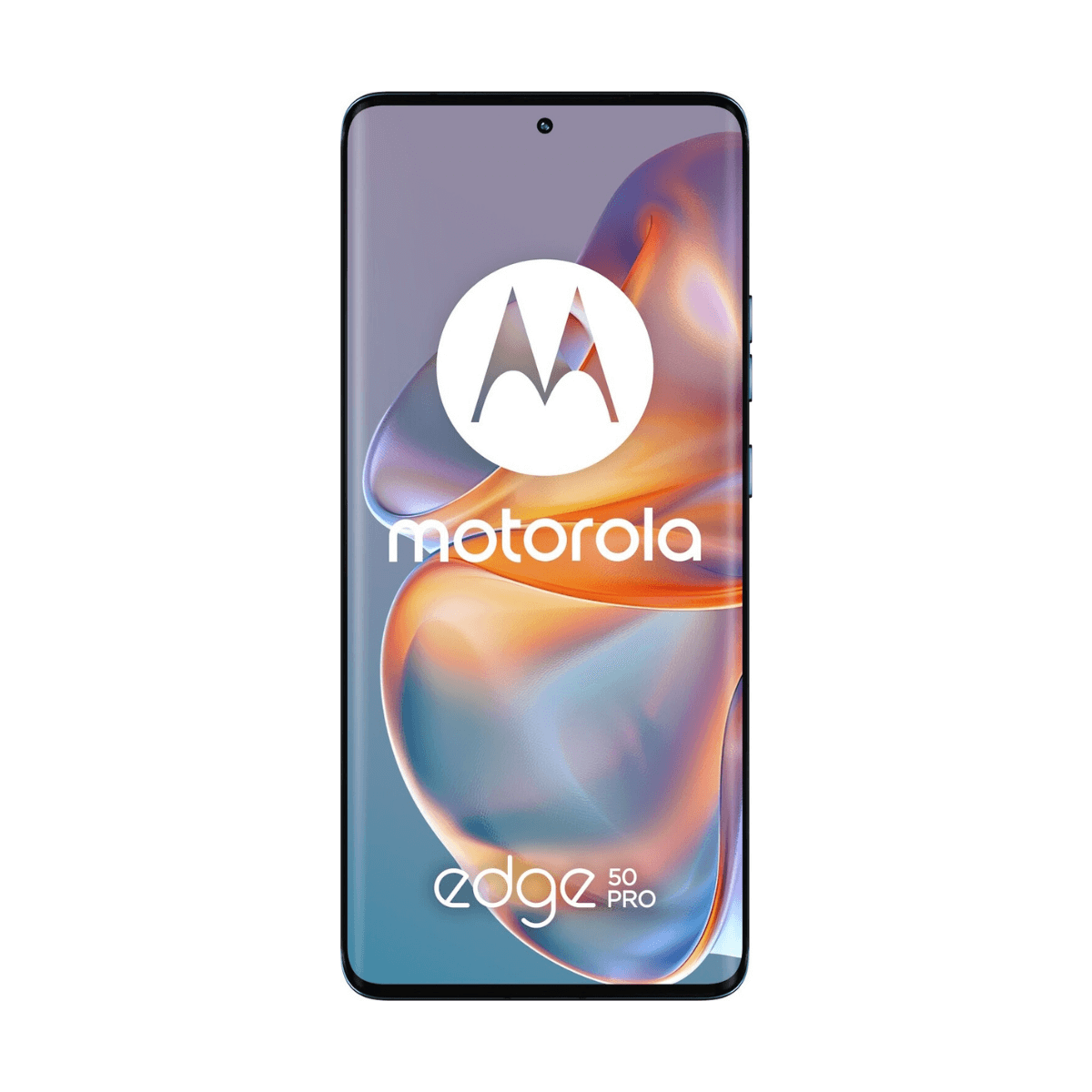 Smartfon Motorola Edge 50 Pro, czarna ramka, duży wyświetlacz z logo, białe tło.