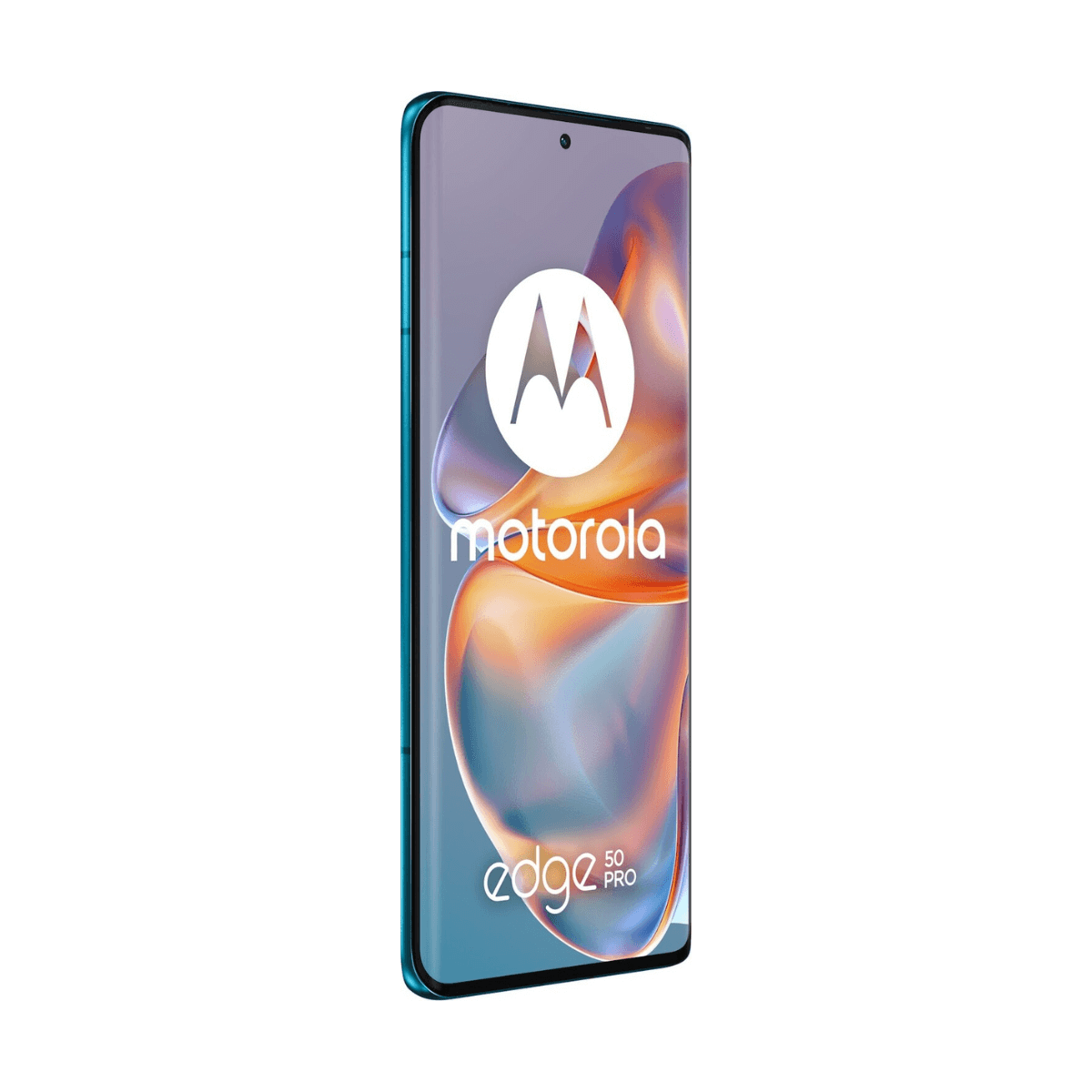 Smartfon Motorola Edge 50 Pro, widok z boku, niebieska ramka, duży wyświetlacz, białe tło.