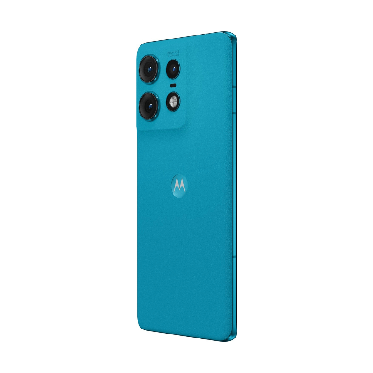 Niebieski tył smartfona z potrójnym aparatem. Logo Motorola na dole. Białe tło.