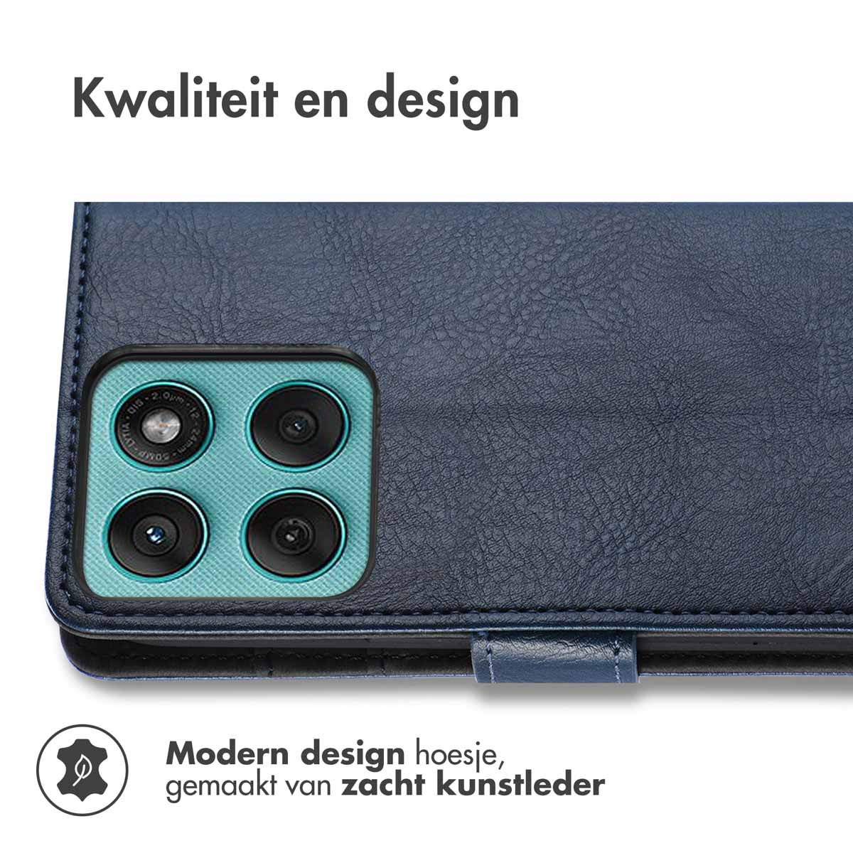 Blauwe telefoonhoes, close-up. De hoes omringt een telefoon met een camerasysteem.