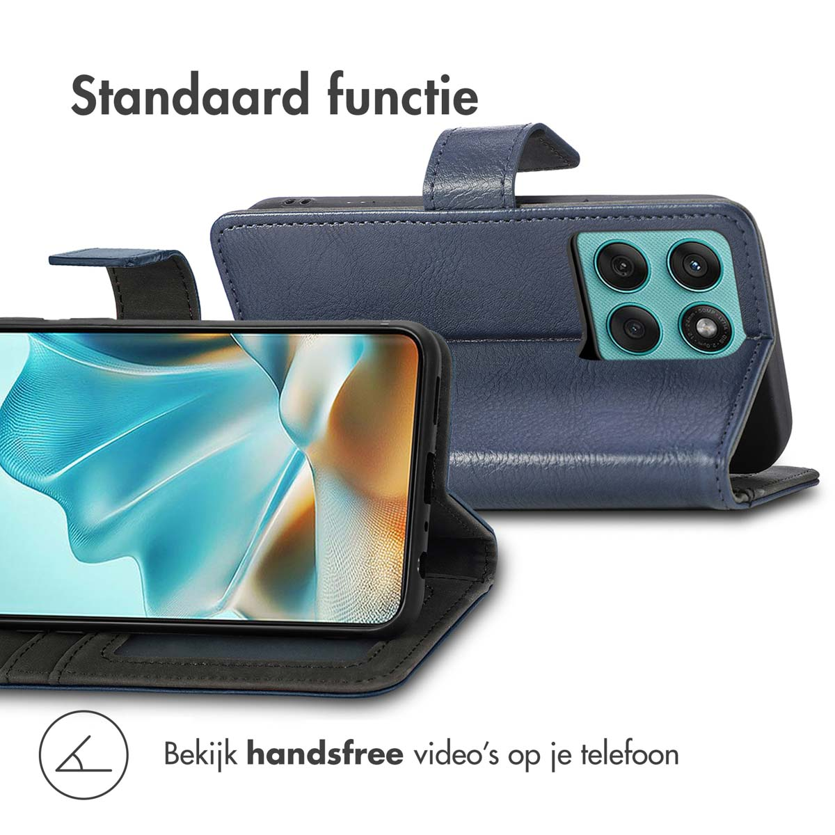 Telefoonhoesje met een telefoon en een hoesje. Blauwe telefoonhoes met een scherm en zwarte telefoon.