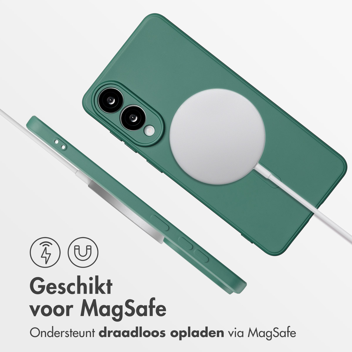 Coque verte avec chargeur MagSafe et étui. Texte : Convient à MagSafe. Prend en charge la recharge sans fil.