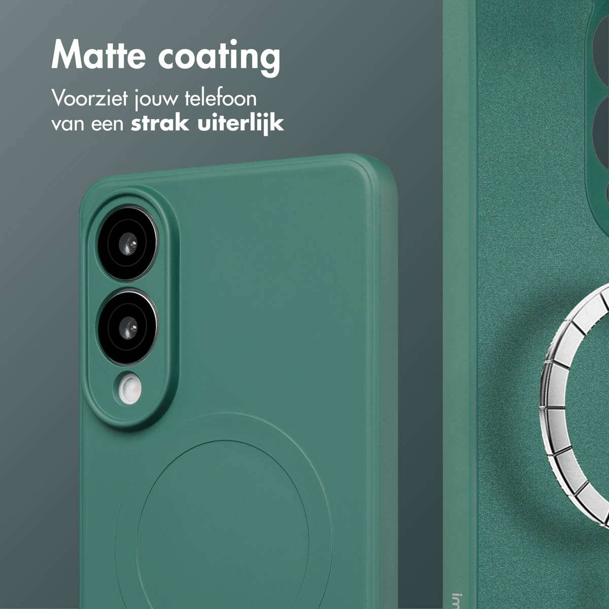 Coque verte, gros plan. Avec découpe circulaire et support de bague.