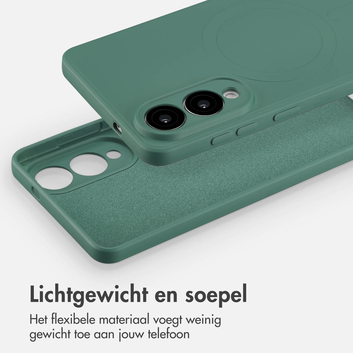 Coque de téléphone verte avec une couche séparée. Texte : Légère et flexible. Le matériau flexible ajoute peu de poids.