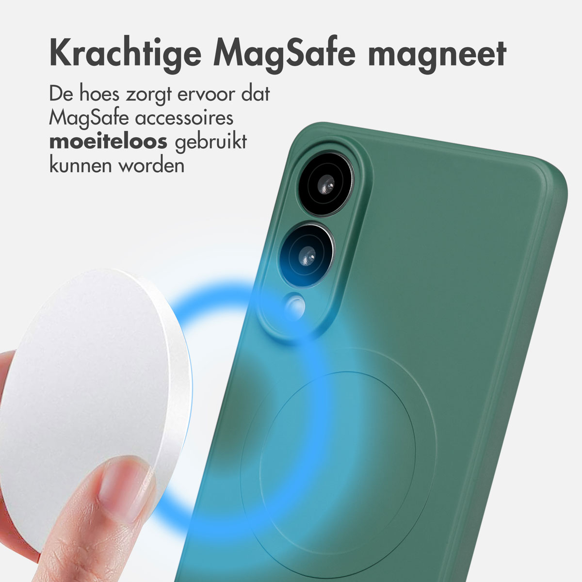 Coque verte avec un chargeur MagSafe. Texte : Aimant MagSafe puissant. La coque assure une utilisation facile.