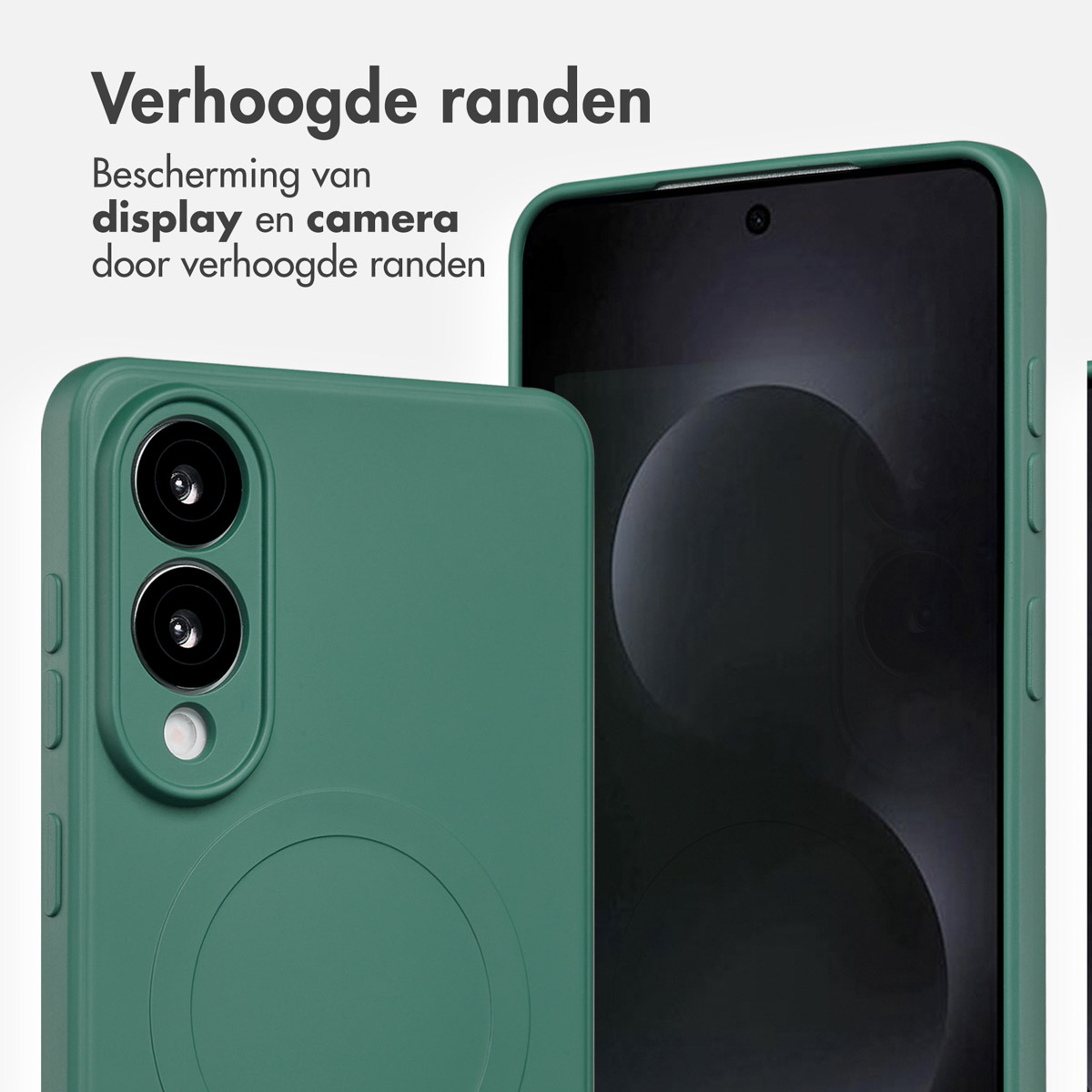 Coque verte, montrant la caméra et l'écran du téléphone. Fond blanc.