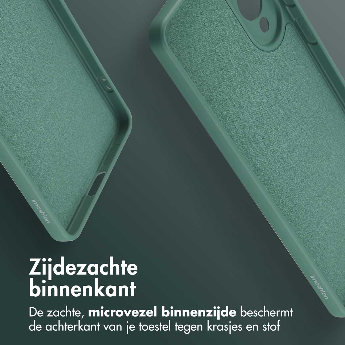 Deux parties de coque de téléphone vertes. Texte : Intérieur doux et soyeux. La microfibre protège l'arrière.
