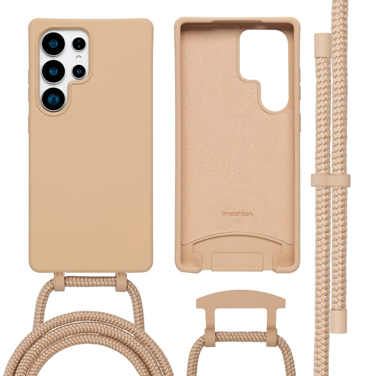 Une coque de téléphone beige avec une sangle. Texte : Coque beige avec sangle, pièces assorties.