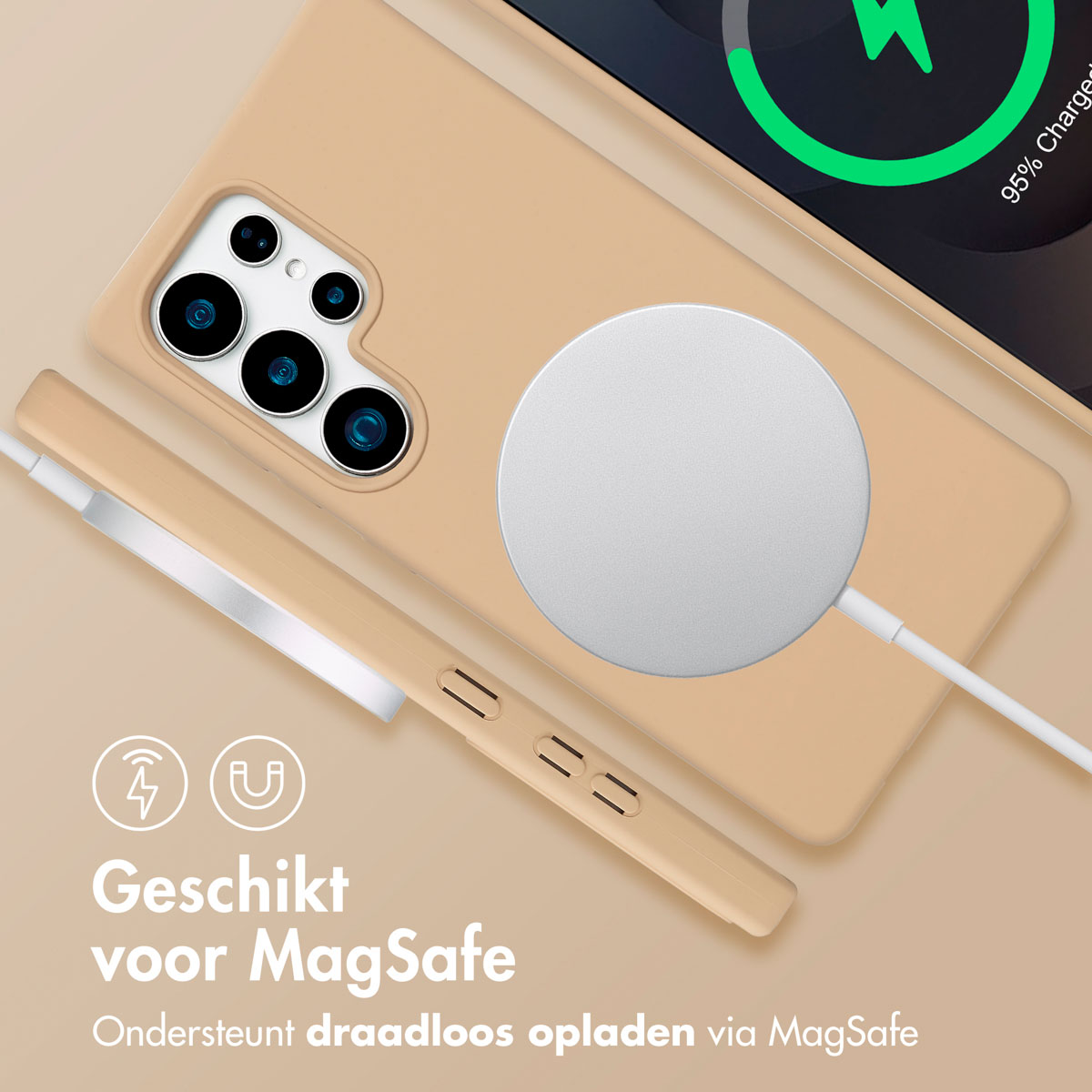 Coque beige avec chargeur MagSafe. Texte : Convient à MagSafe. Prend en charge la recharge sans fil.