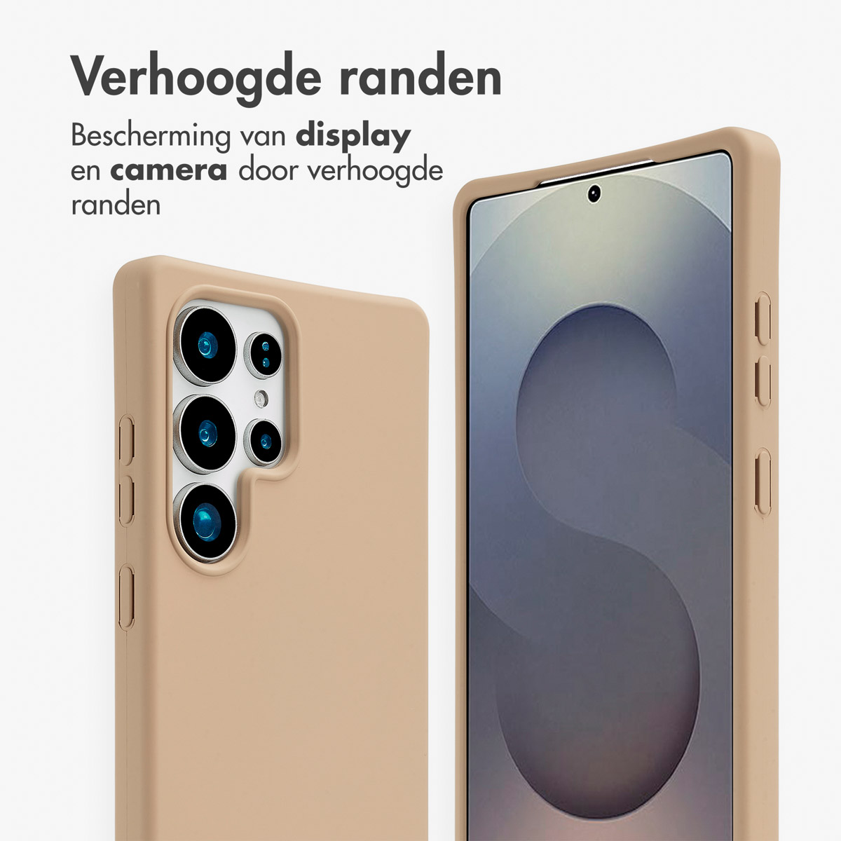 Deux coques beiges. Texte : Bords surélevés protègent l'écran et l'appareil photo.
