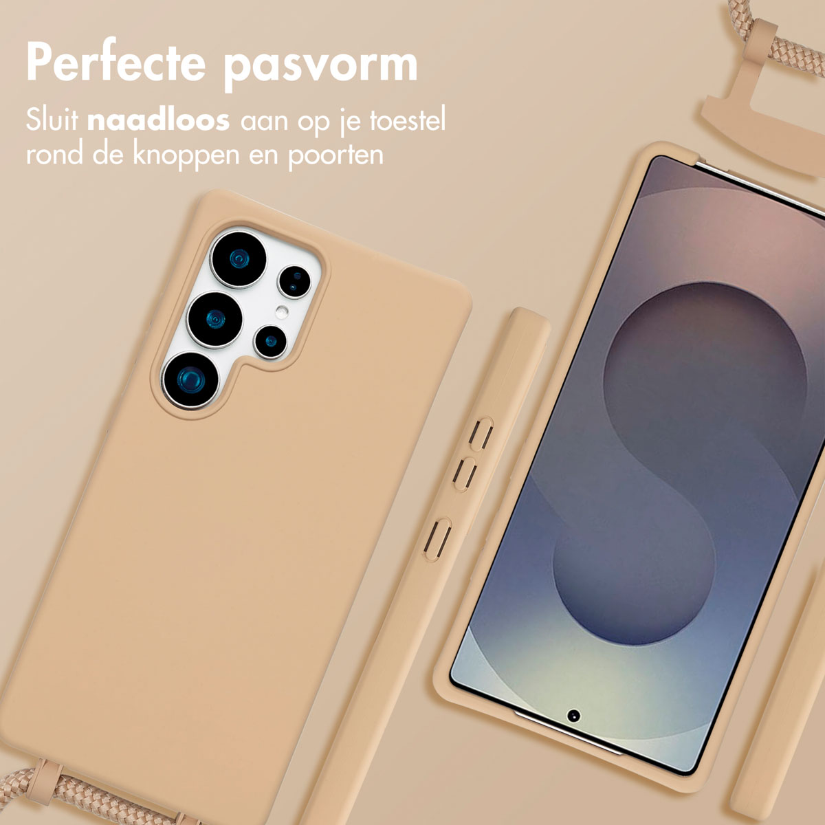 Coque de téléphone beige avec téléphone et sangle. Texte : Ajustement parfait. S'adapte parfaitement à votre appareil.