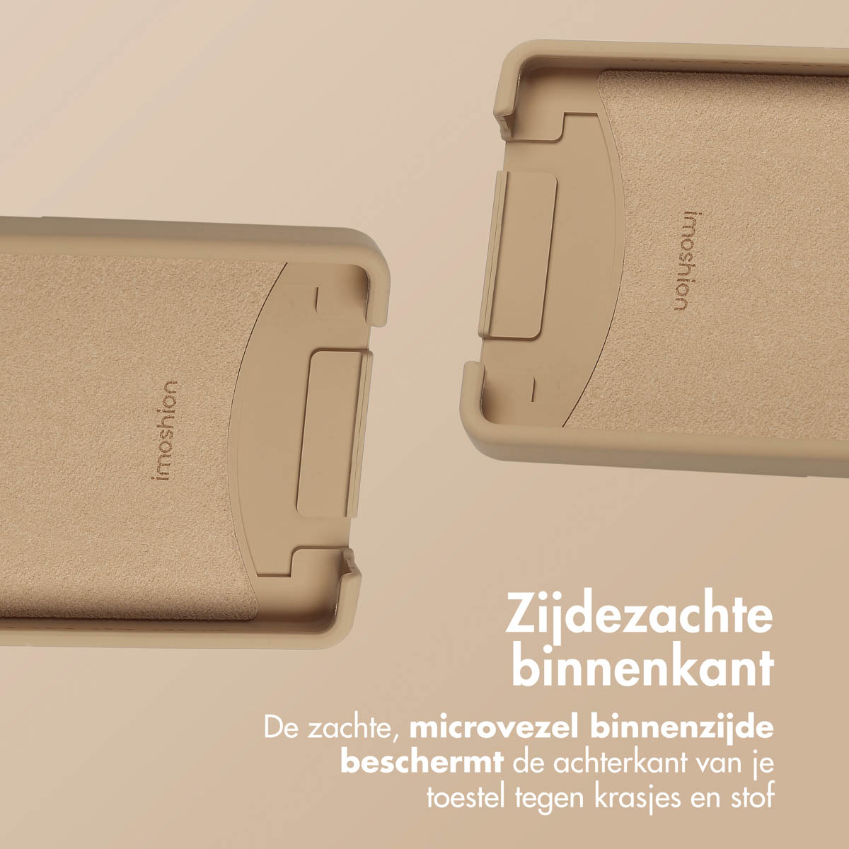 Moitiés de coque beige. Texte : Intérieur doux, protège des rayures et de la poussière.