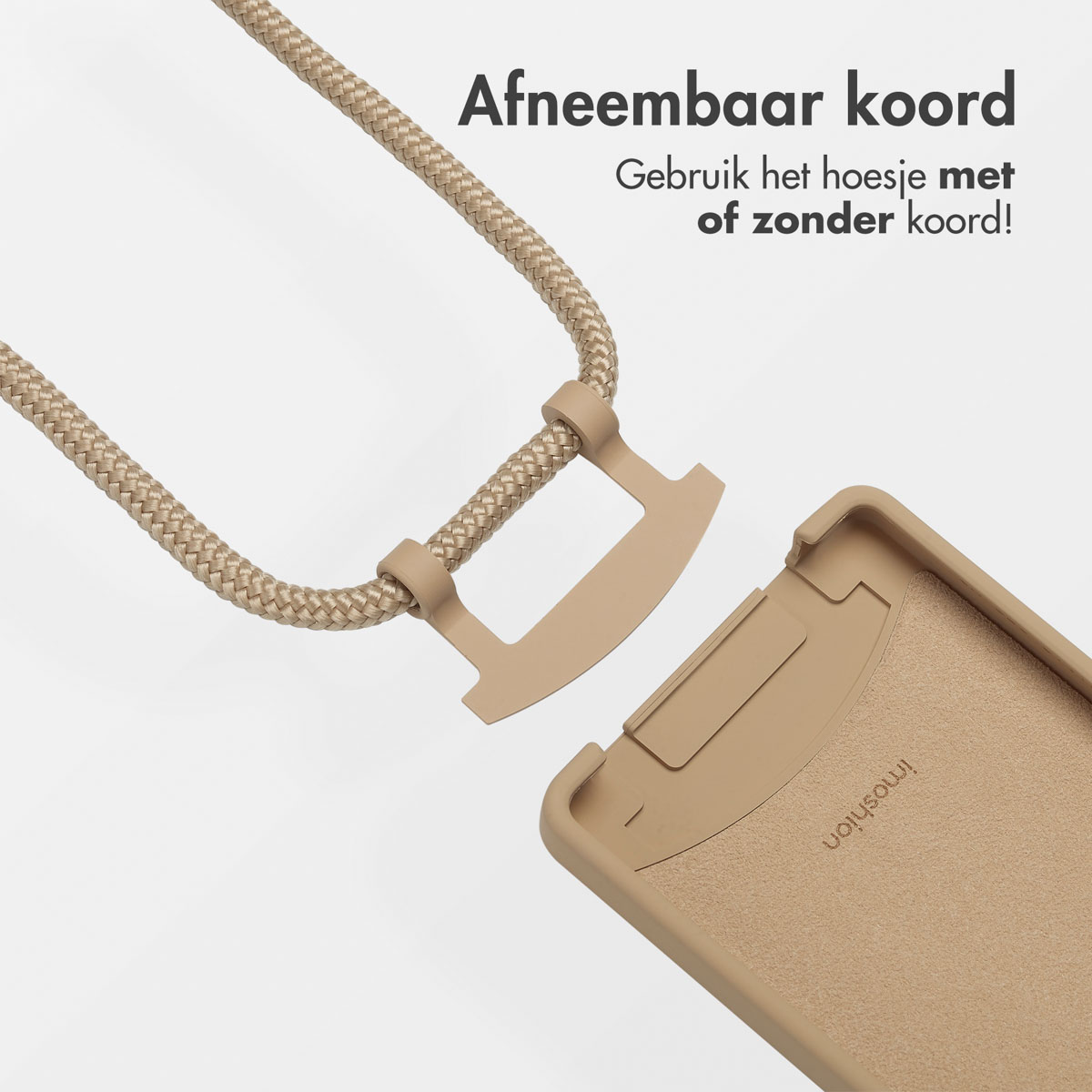 Coque beige avec une sangle. Texte : Cordon amovible. Utilisez la coque avec ou sans cordon !