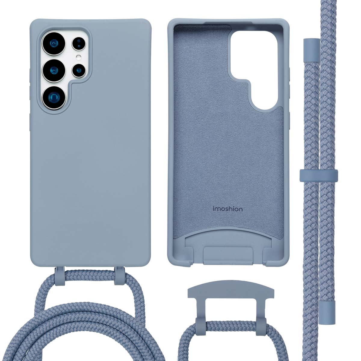 Een blauw telefoonhoesje met een riem. Het hoesje is open, de binnenkant is zichtbaar.