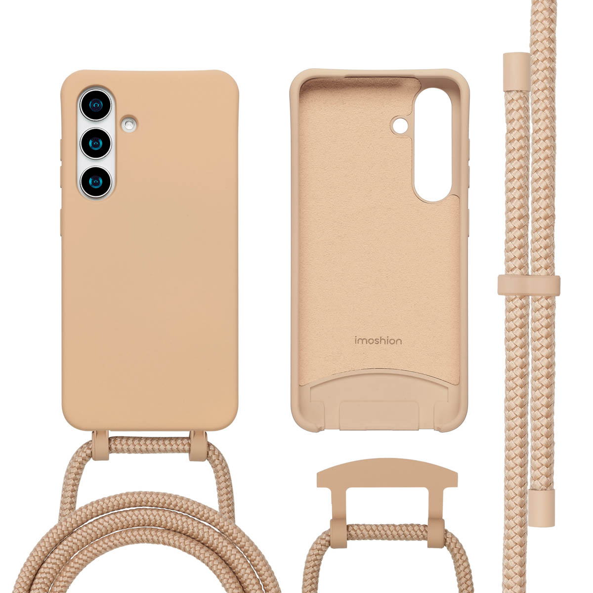 Beige telefoonhoesje met koord. Hoesje en koord los. Tekst: imoshion.