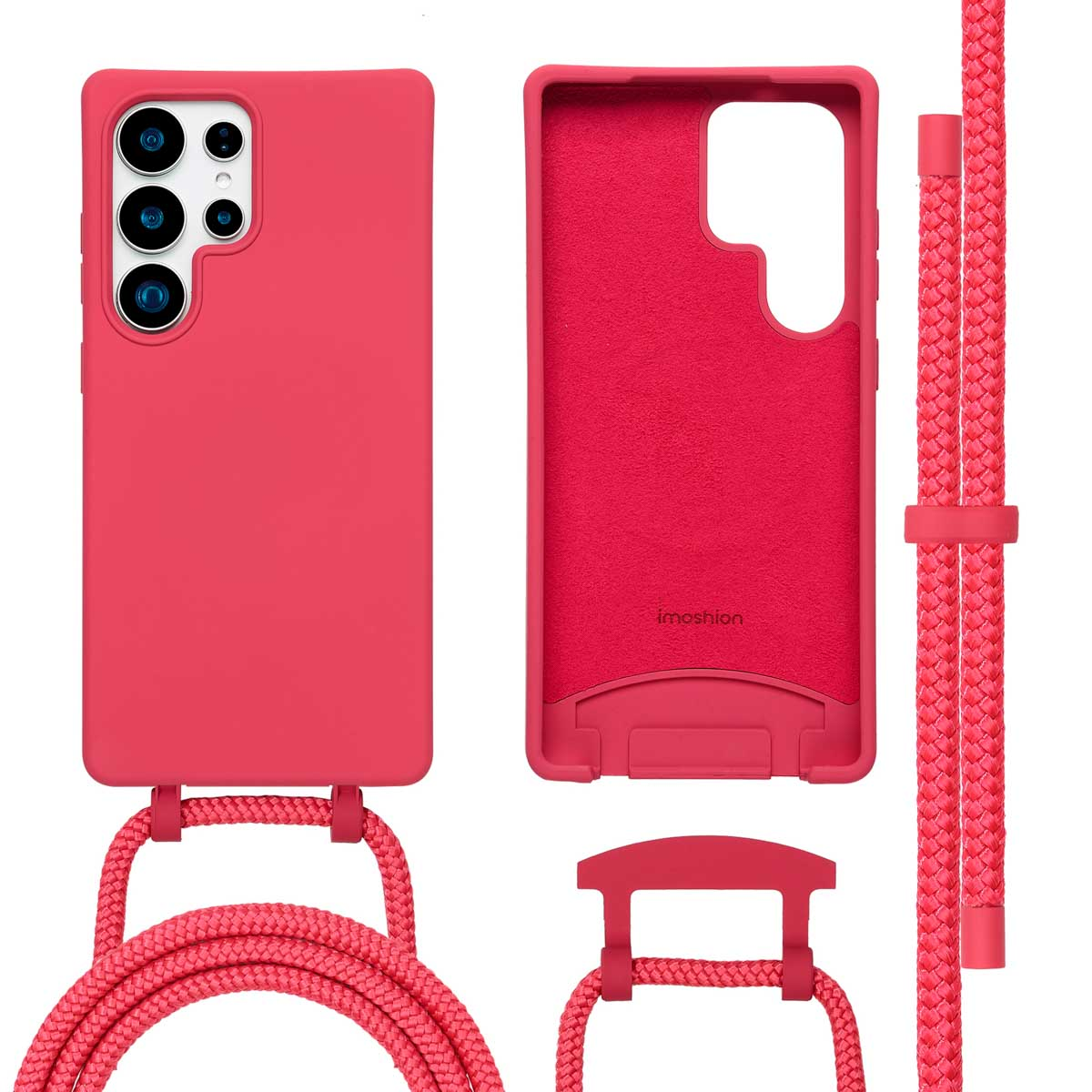 Roze telefoonhoesje met koord. Hoesje en koord los. Tekst: imoshion.