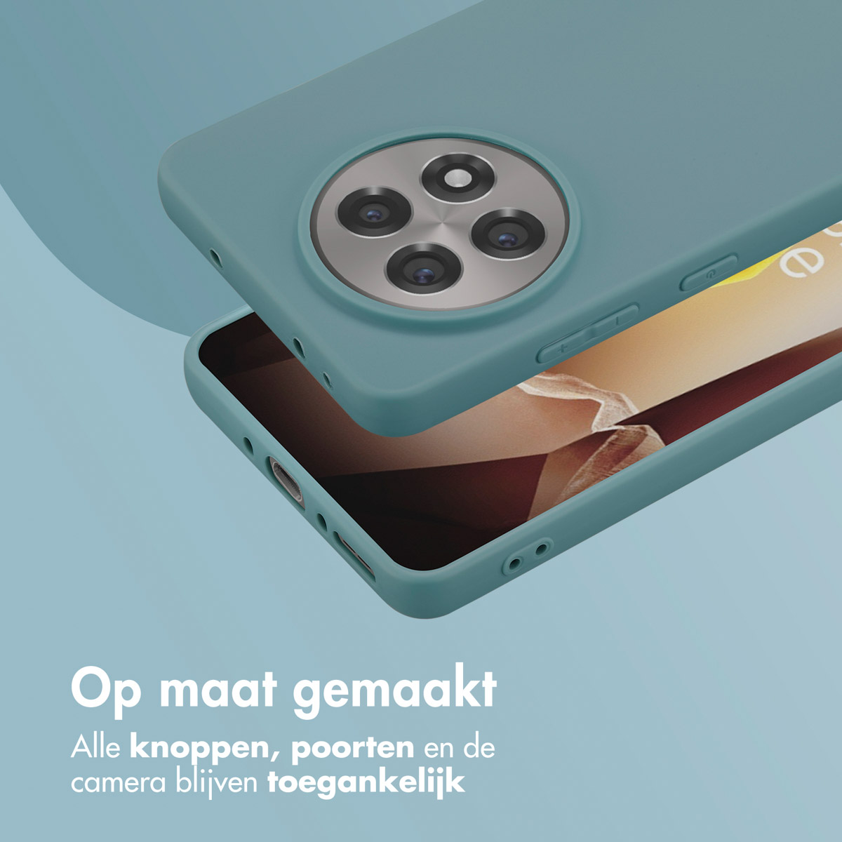 Twee teal telefoonhoesjes. Het onderste hoesje heeft de telefoon. De bovenste is los.