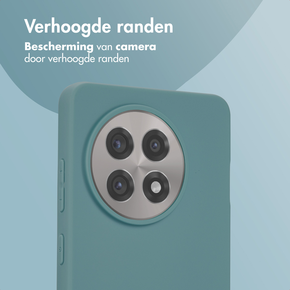 Close-up van een teal telefoonhoesje. De hoes heeft verhoogde randen rondom de camera.