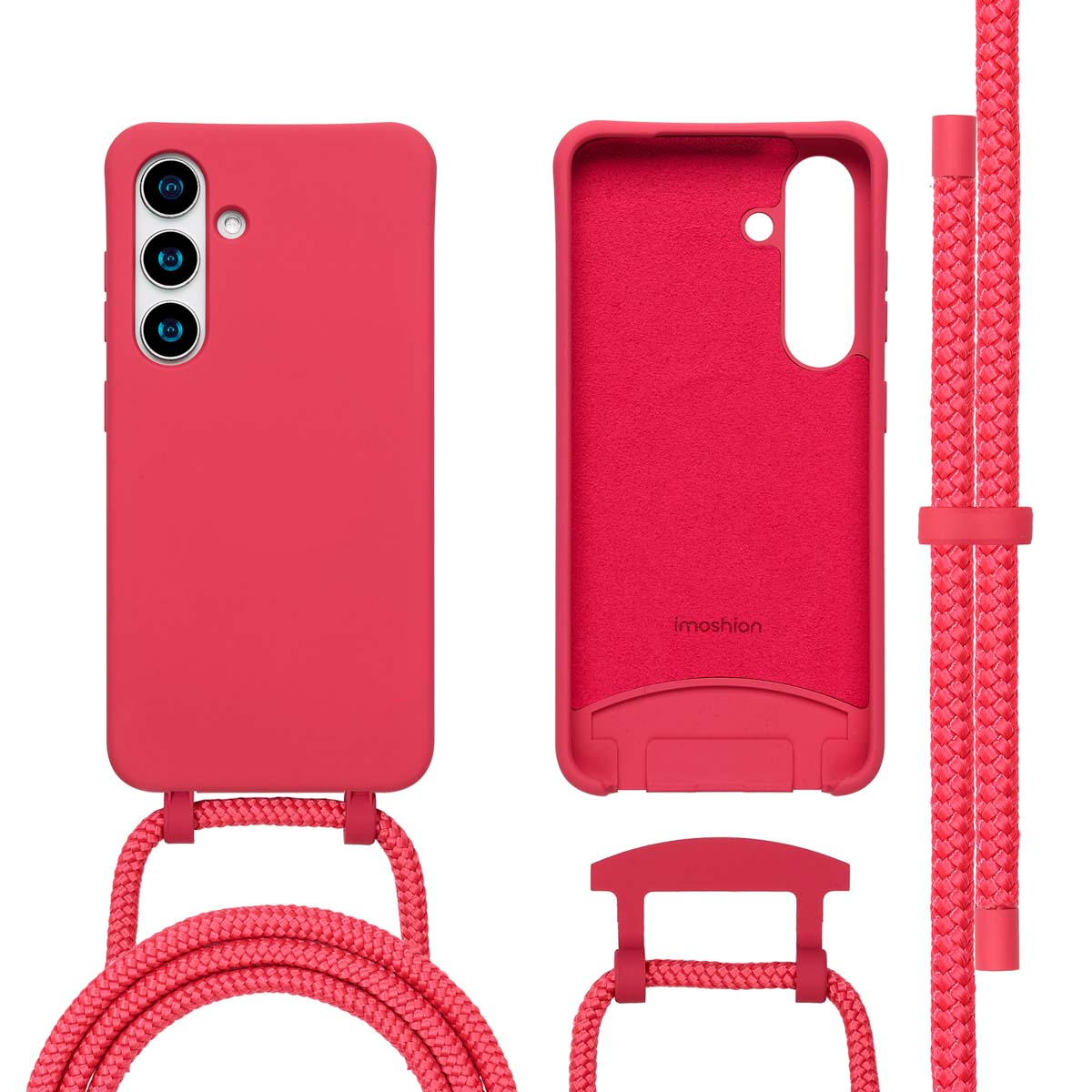 Een rood telefoonhoesje met een riem. Het hoesje is open, de binnenkant is zichtbaar.