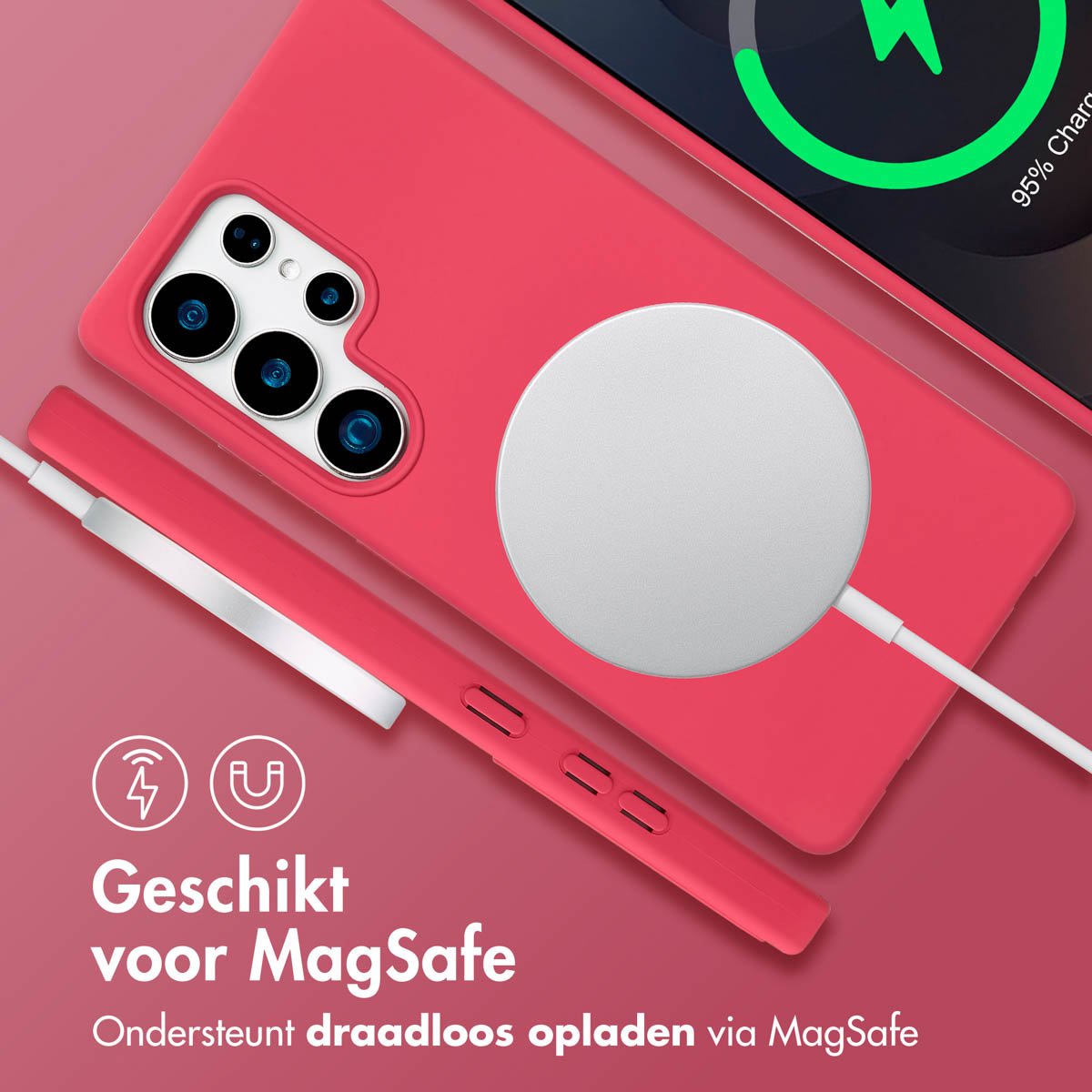 Rode telefoonhoes met MagSafe-oplader. Opladen en een pen aan de zijkant. Witte achtergrond.