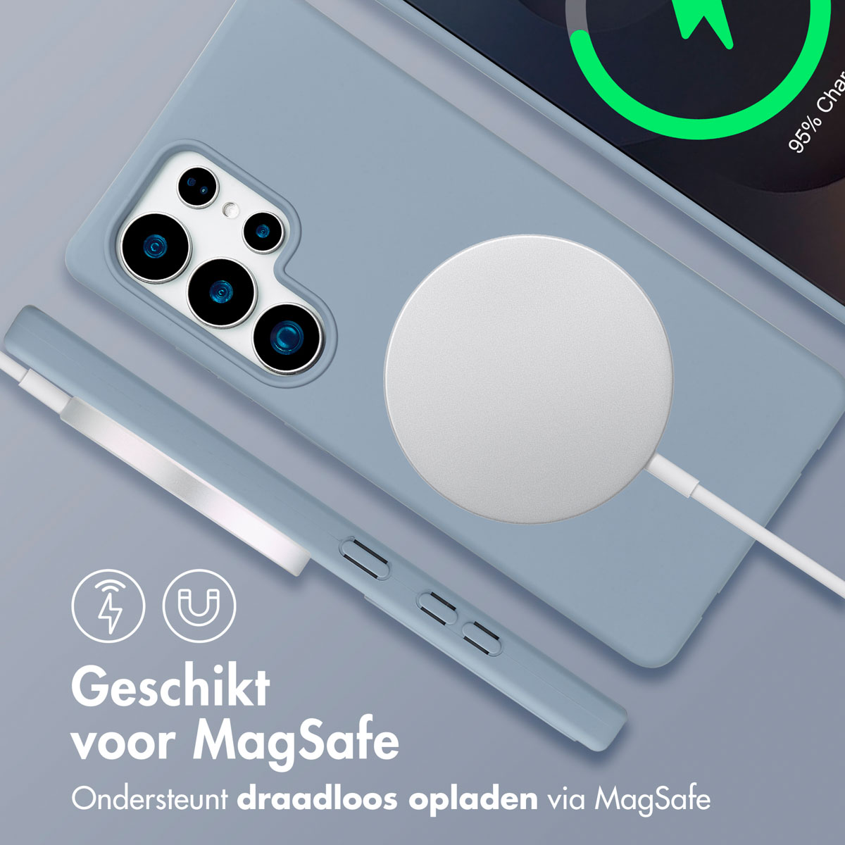 Blauwe telefoonhoes met MagSafe-oplader en een pen. Opladen en een pen aan de zijkant. Witte achtergrond.