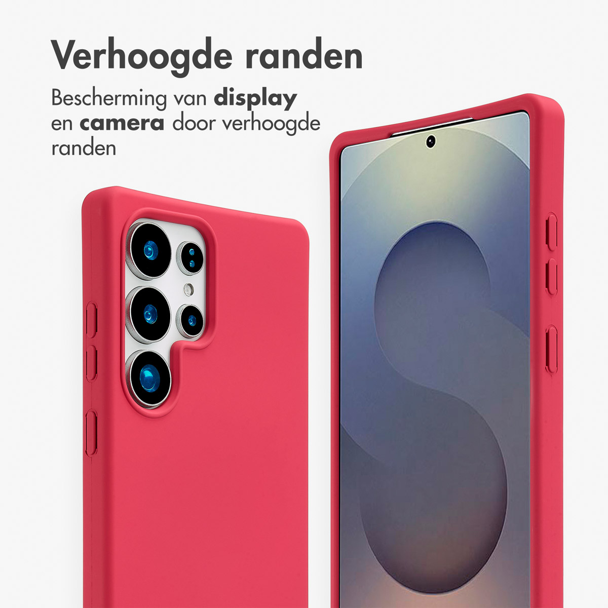 Rode telefoonhoes met opstaande randen, beschermt het scherm en de camera. Witte achtergrond.