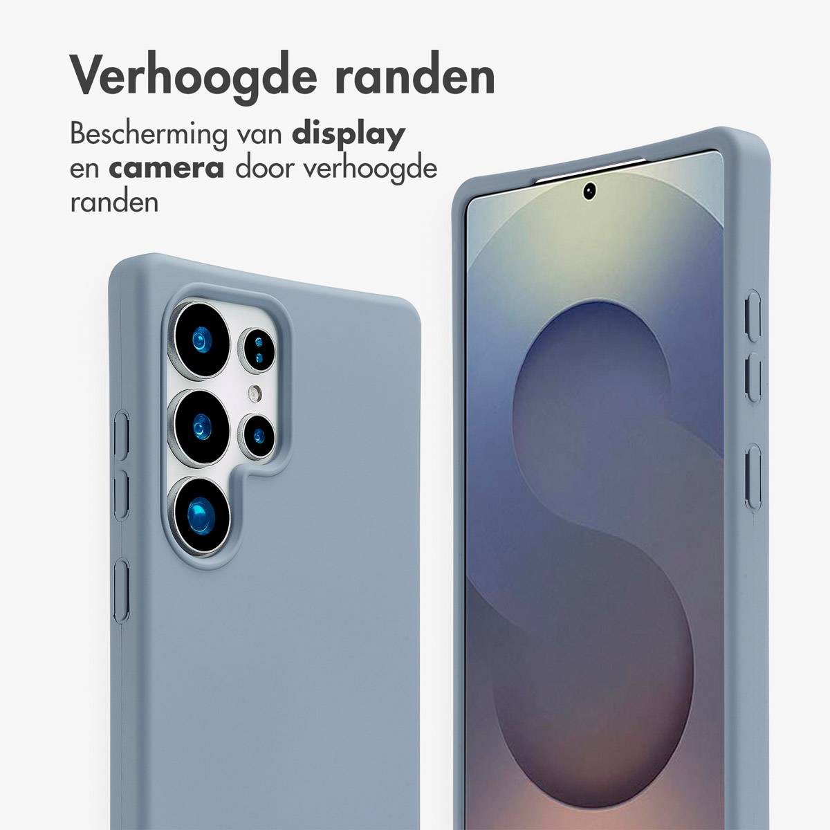 Blauwe telefoonhoes met verhoogde randen, beschermt scherm en camera.