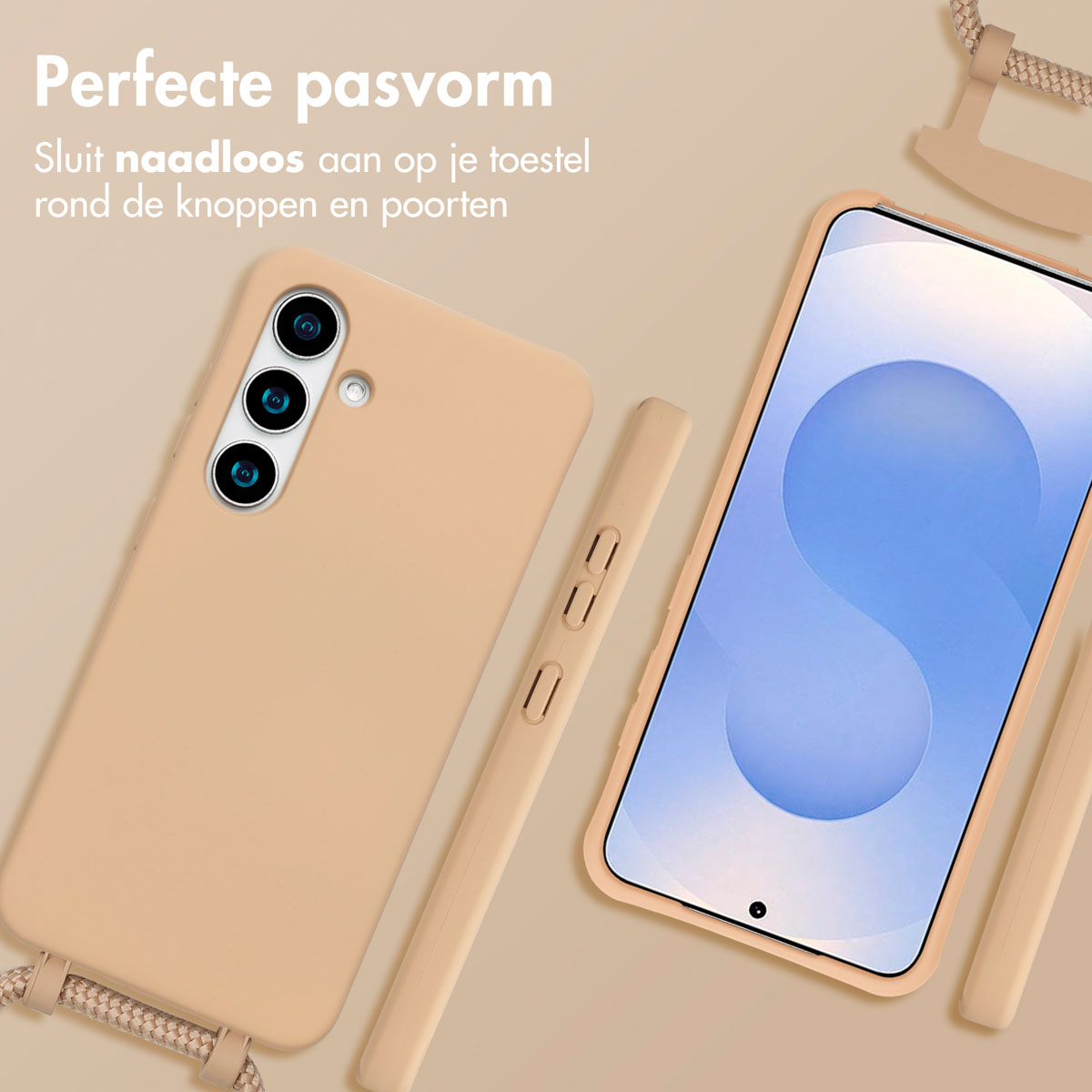 Beige telefoonhoes en telefoon met een bandje. Telefoonhoes met camera en knoppen. Beige achtergrond.