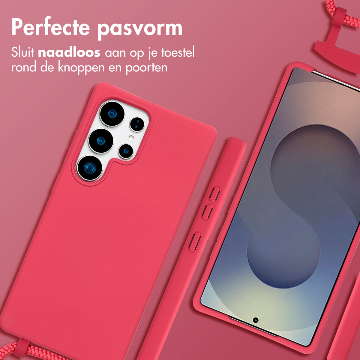 Rode telefoonhoes, telefoon met scherm en rode band, op roze achtergrond.