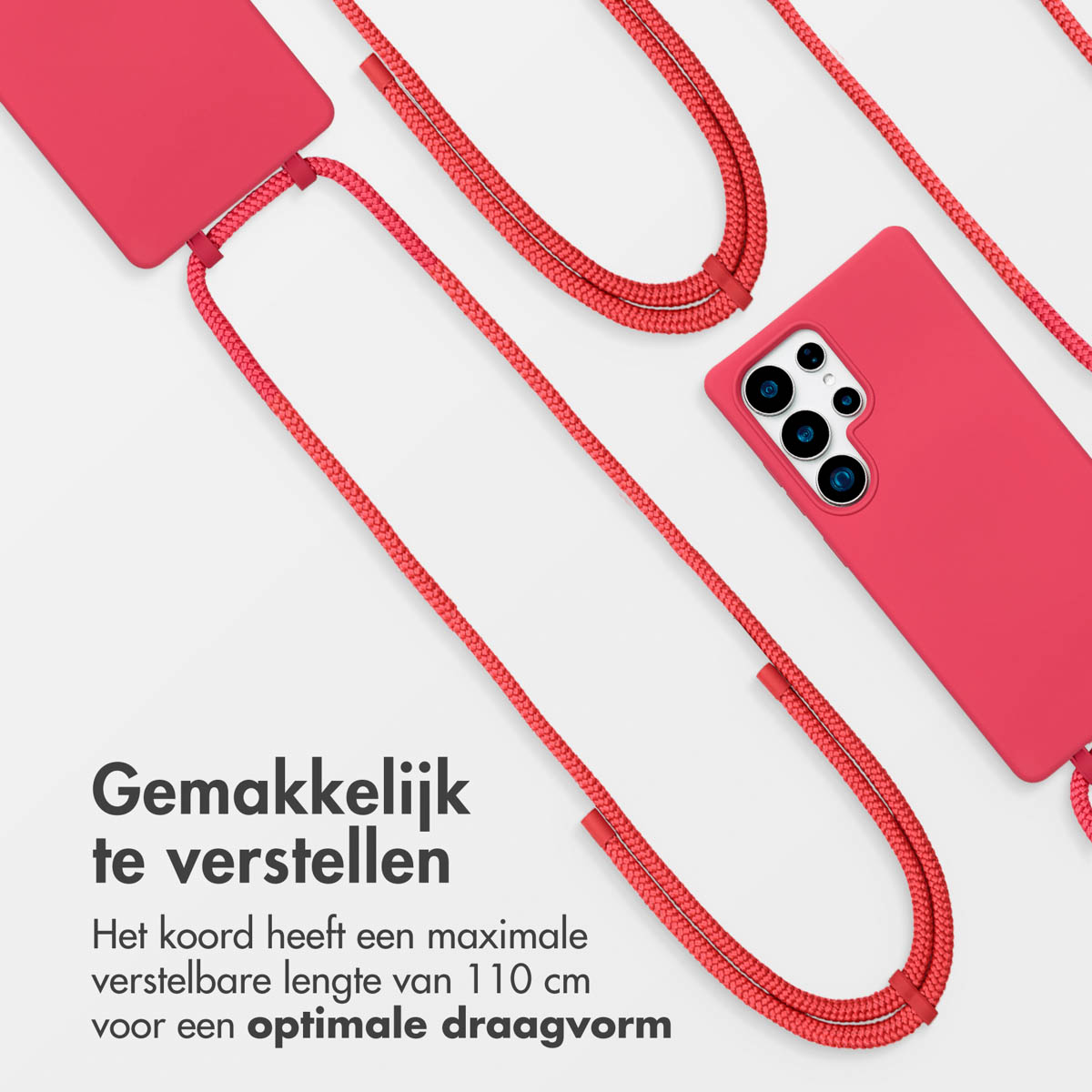 Rode telefoonhoes met verstelbaar koord en telefoonriem, op witte achtergrond.