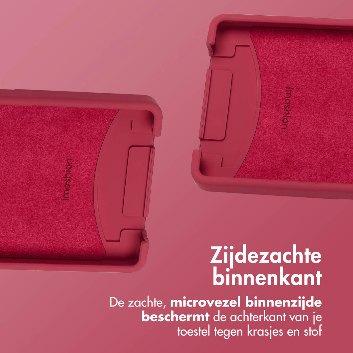 Twee rode telefoonhoeshelften, tonen zachte microvezel binnenkant.