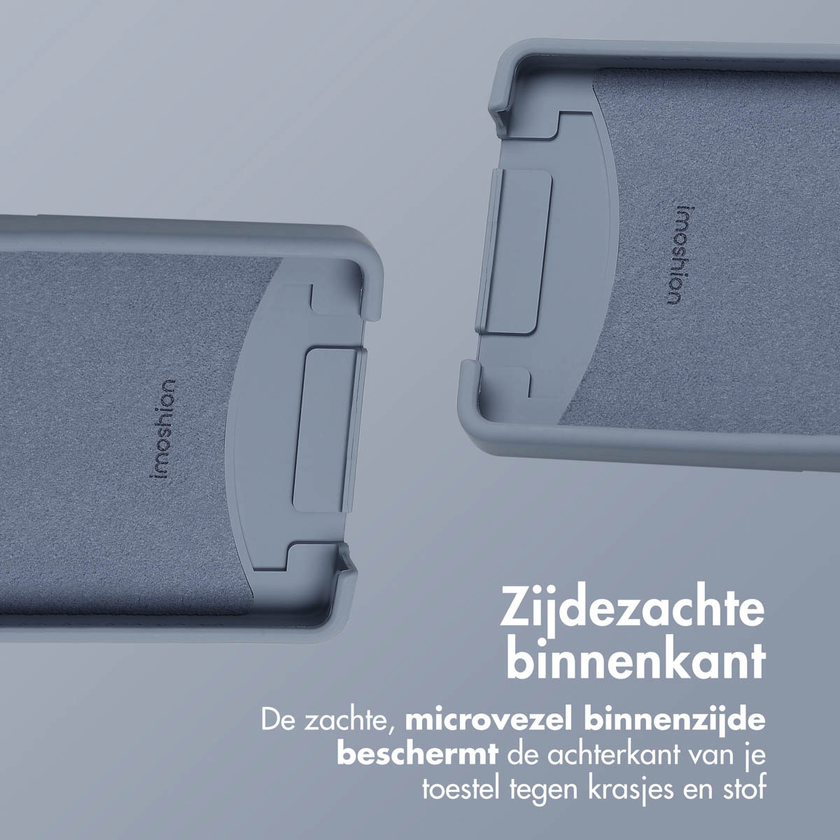 Twee grijze telefoonhoeshelften, tonen zachte microvezel binnenkant.