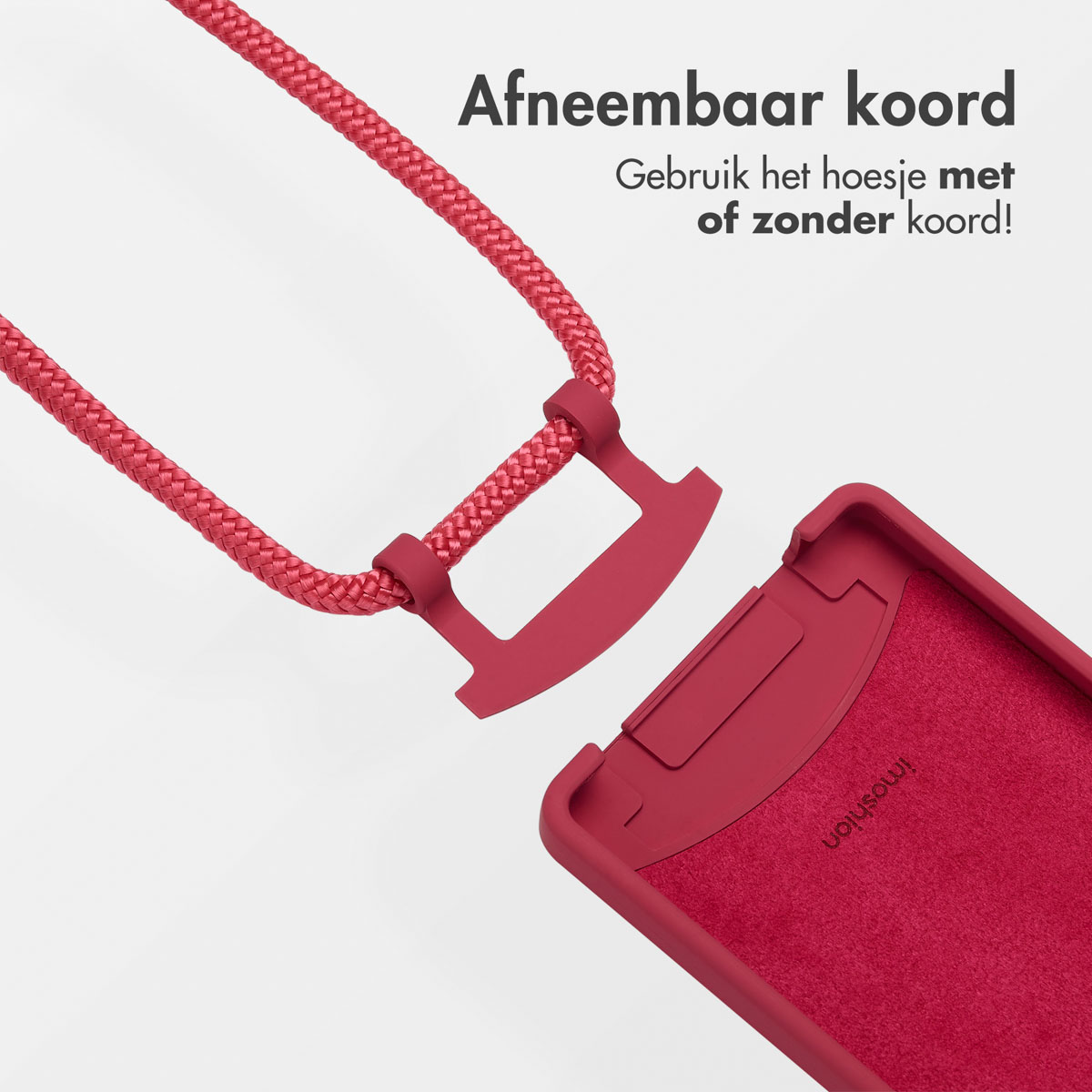 Rode telefoonhoes met afneembaar koord en zachte microvezel binnenkant.