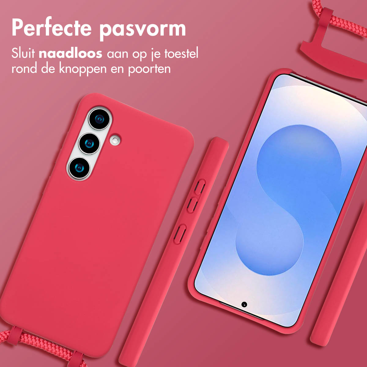 Rode telefoonhoes met afneembaar koord, telefoon met scherm, op roze achtergrond.