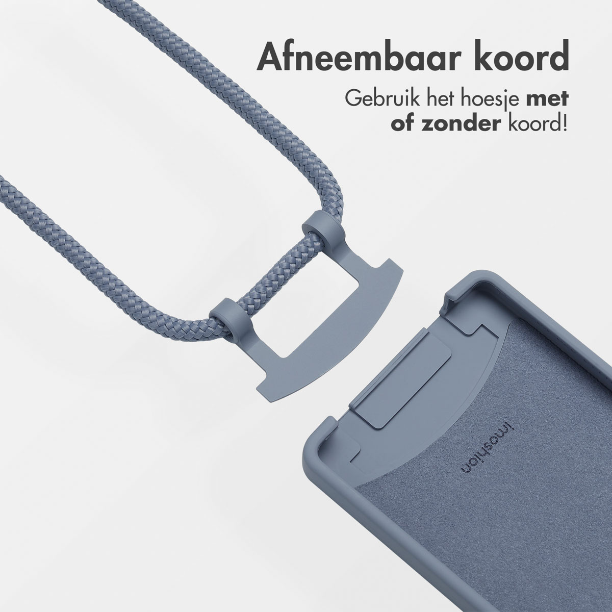 Blauwe telefoonhoes en grijze koord, met een haak. Afneembaar koord.