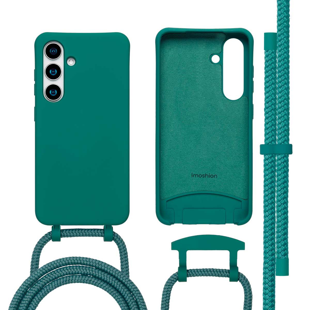 Coque de téléphone sarcelle avec cordon. L'étui est ouvert. Le fond est blanc.