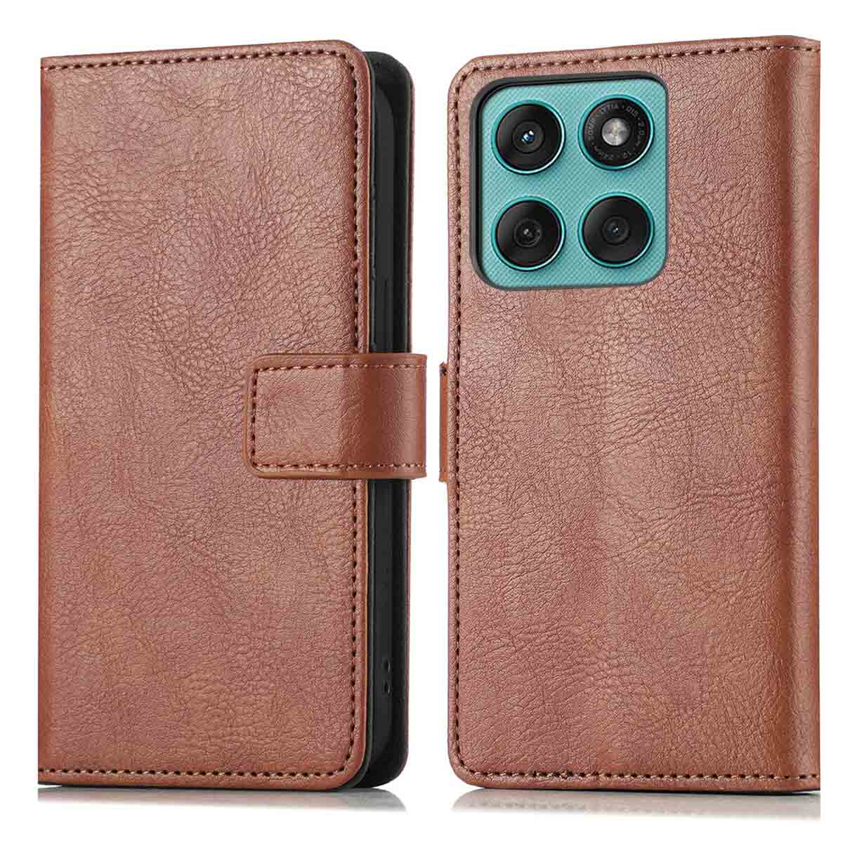 Étui de téléphone marron, ouvert. Montrant le téléphone à l'intérieur. Texture cuir.